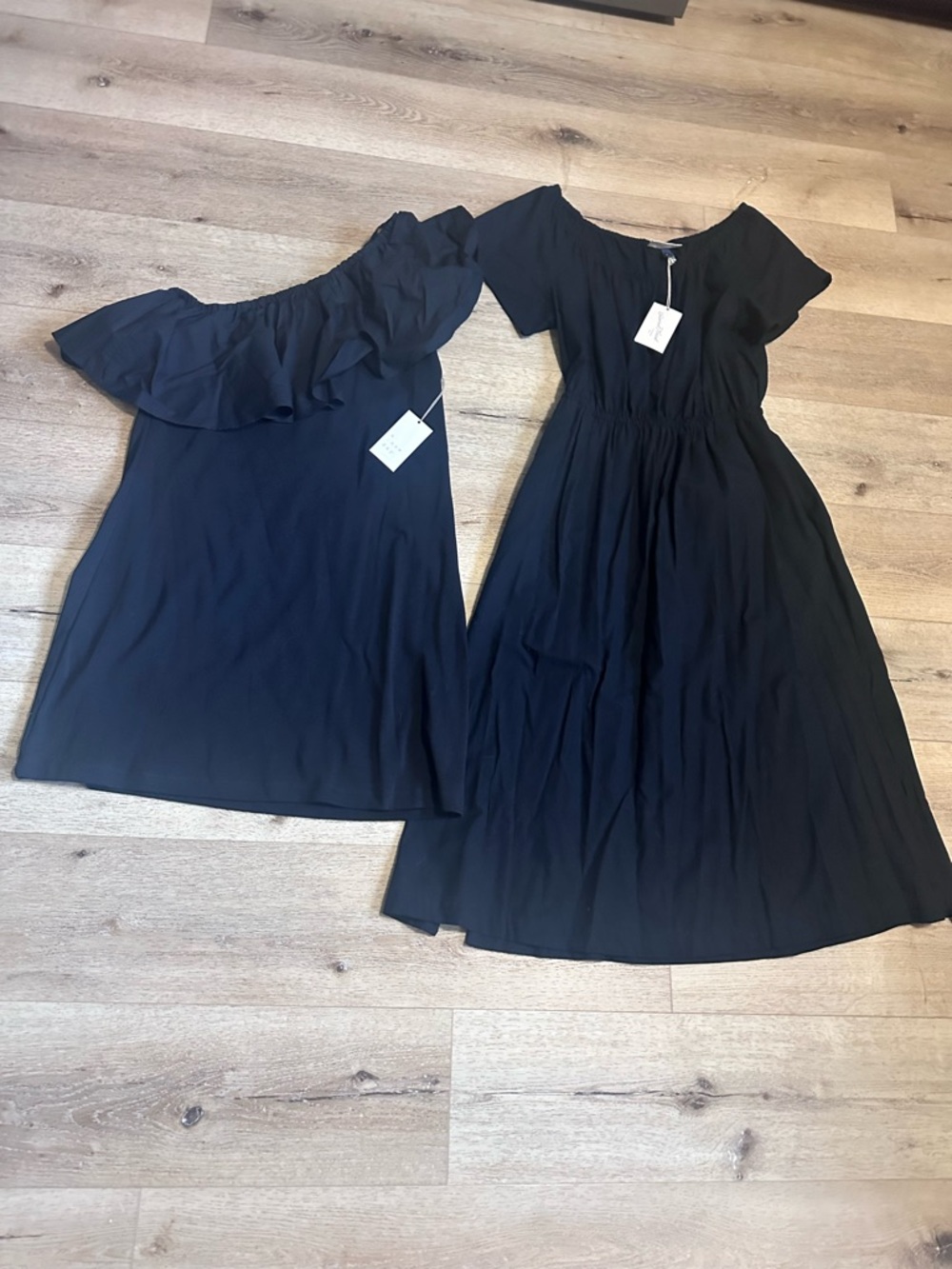NWT- Two Black Dresses - Off-Shoulder Ruffle & Short Sleeve Midi